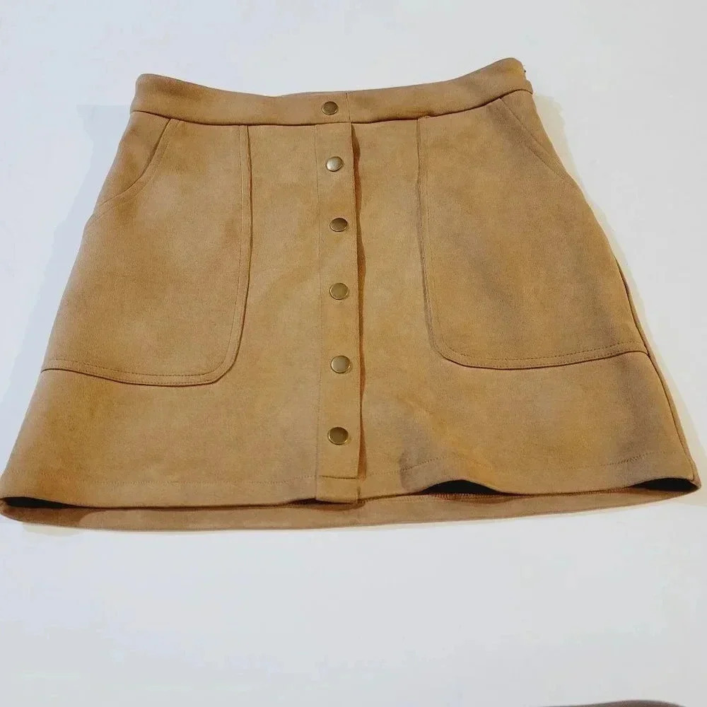 HYFVE Women's Button Front Leather Mini Skirt Side Zipper Yellow Size M